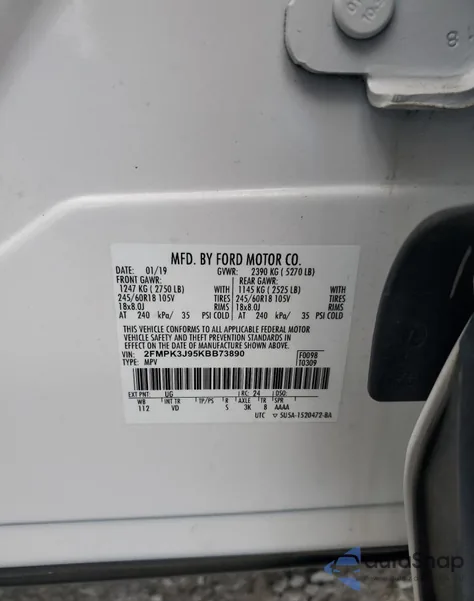 2019 Ford Edge Sel из США, поврежденный, VIN 2FMPK3J95KBB73890